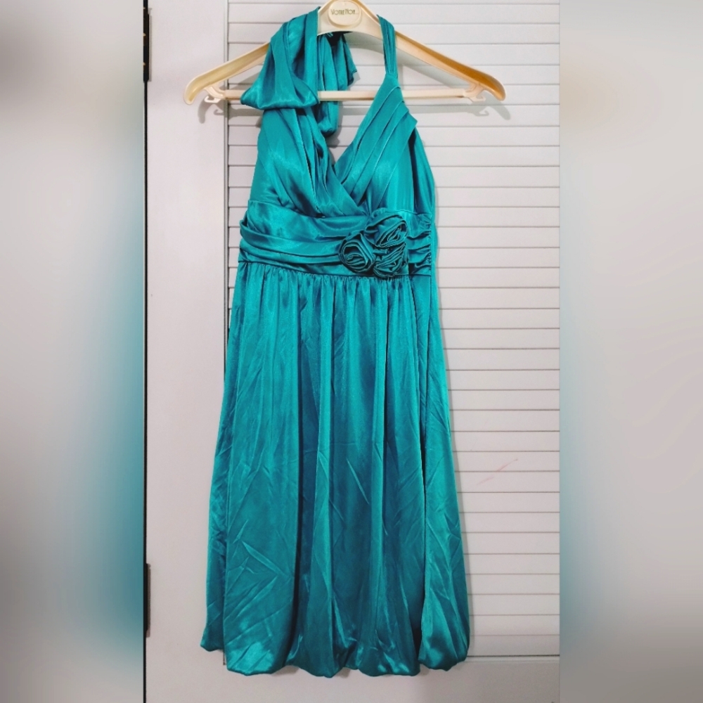 Y2K Teal Halter Tie Back Ruffle, Rosette Detail & Bloom Bottom.